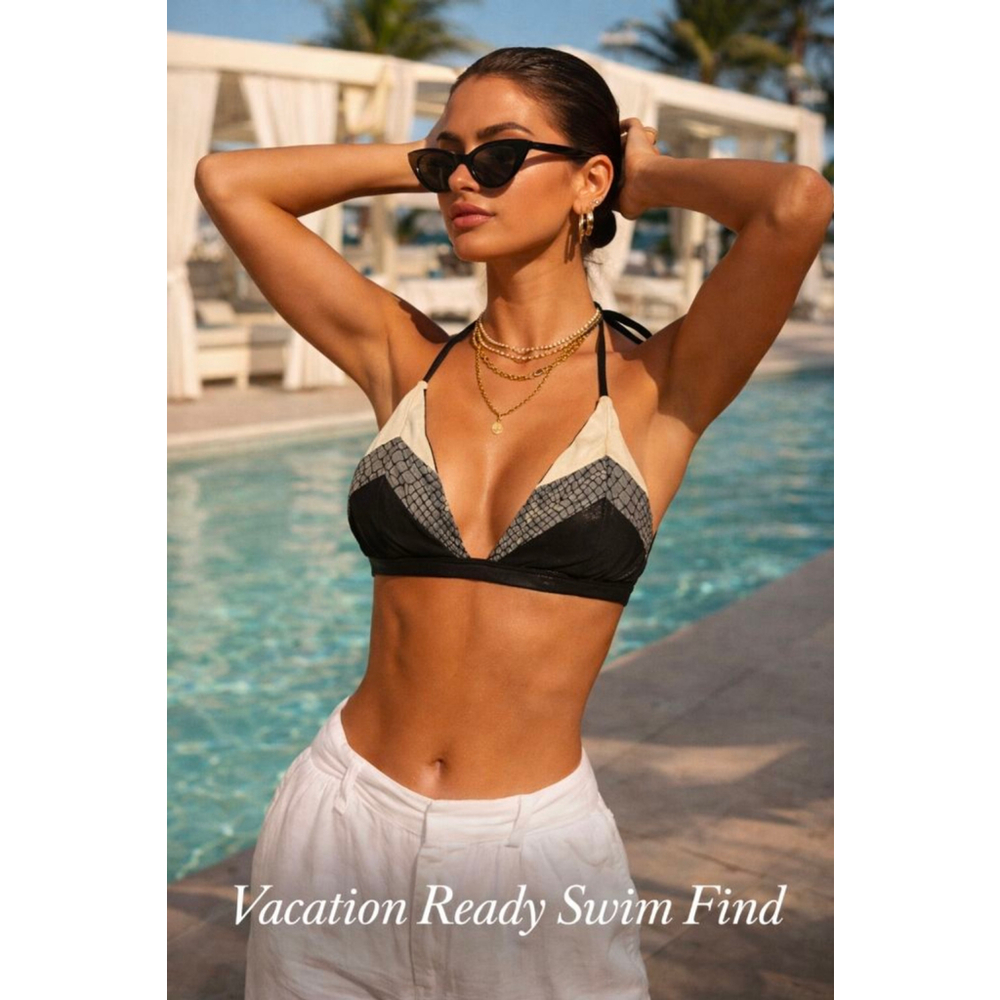 NWT PILYQ Boa Color Block Triangle Bikini Top L Snake Print Halter Swim Top